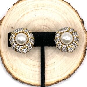 FAC Butler Signed Gold Tone Faux Pearl Pave Rhinestone Clip-on Earrings